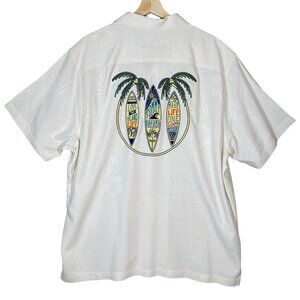 Tommy Bahama Silk Embroidered Camp Shirt Panelback Surfboards Palm Trees Island